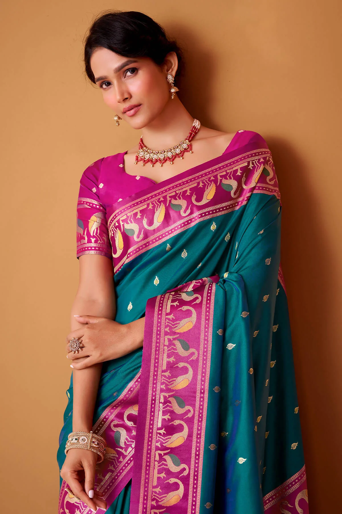 Propinquity Rama Banarasi Satin Silk Saree With Eloquence Blouse - Image 4