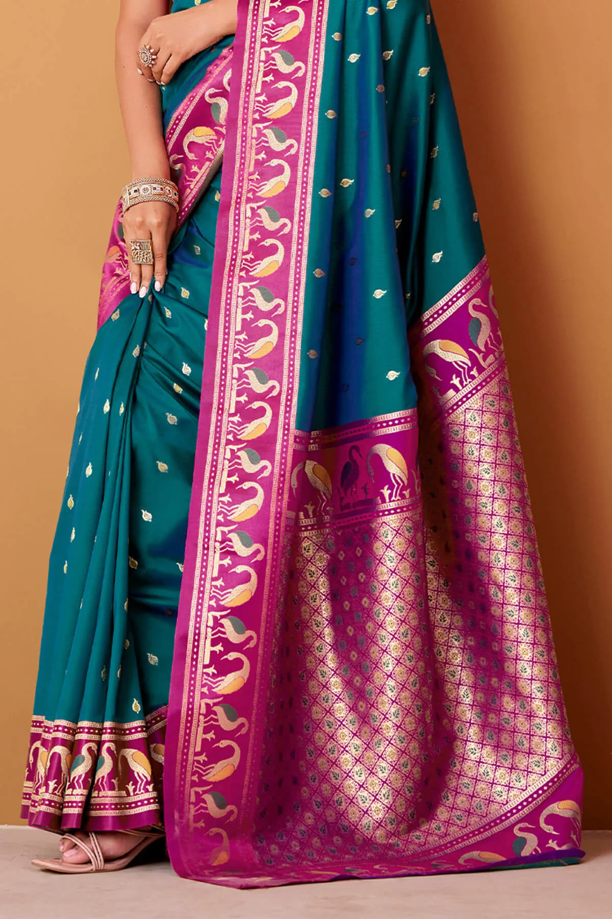 Propinquity Rama Banarasi Satin Silk Saree With Eloquence Blouse - Image 5