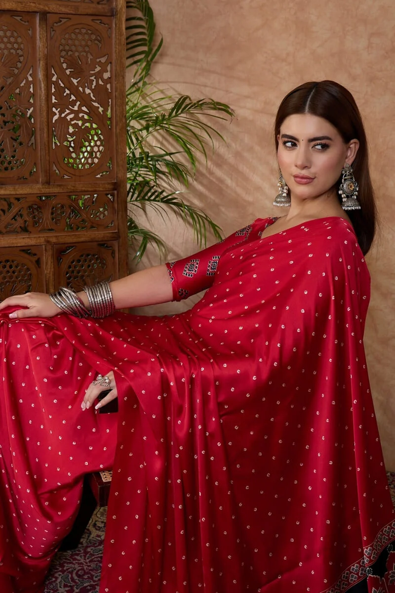 Propinquity Red Ajrakh Printed Semi Modal Silk Saree With Ethnic Blouse Piece - Image 2