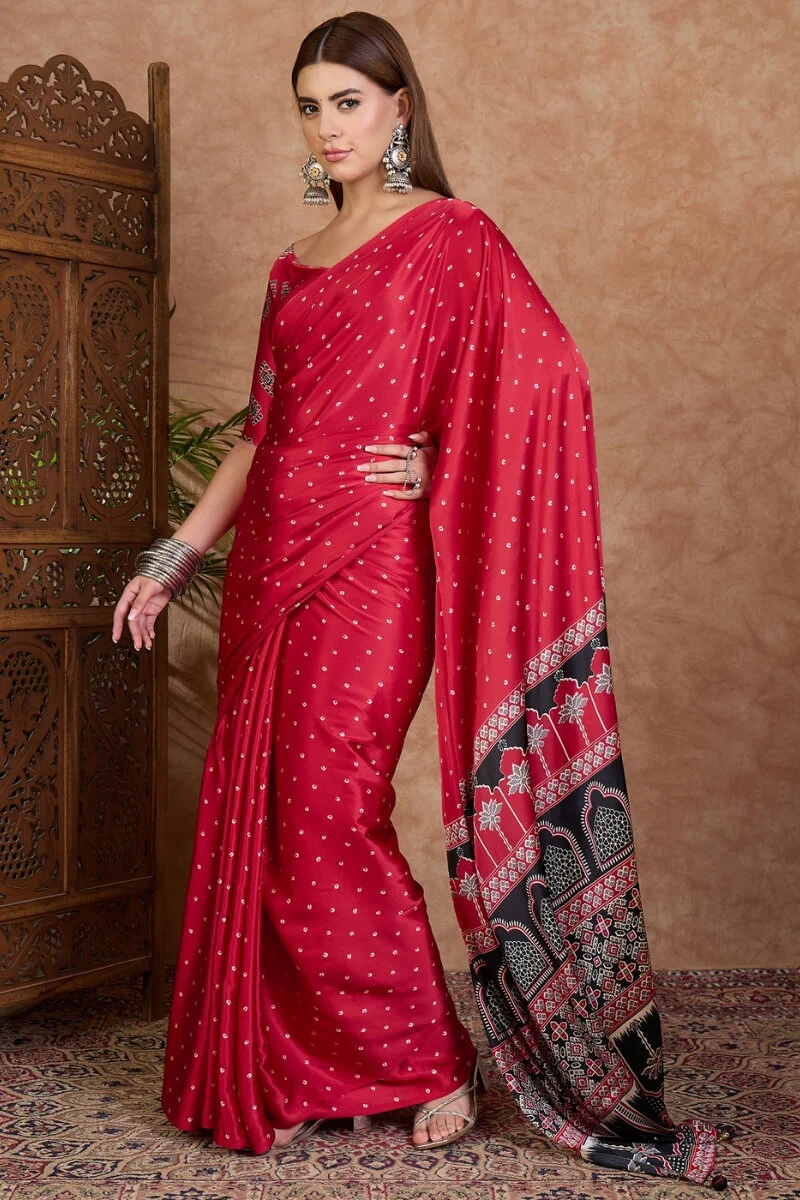 Propinquity Red Ajrakh Printed Semi Modal Silk Saree With Ethnic Blouse Piece - Image 5