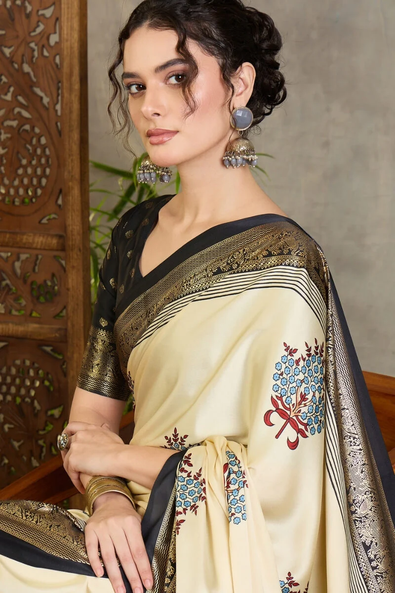 Pulsating Off White Ajrakh Printed Semi Modal Silk Saree With Forbearance Blouse Piece - Image 2