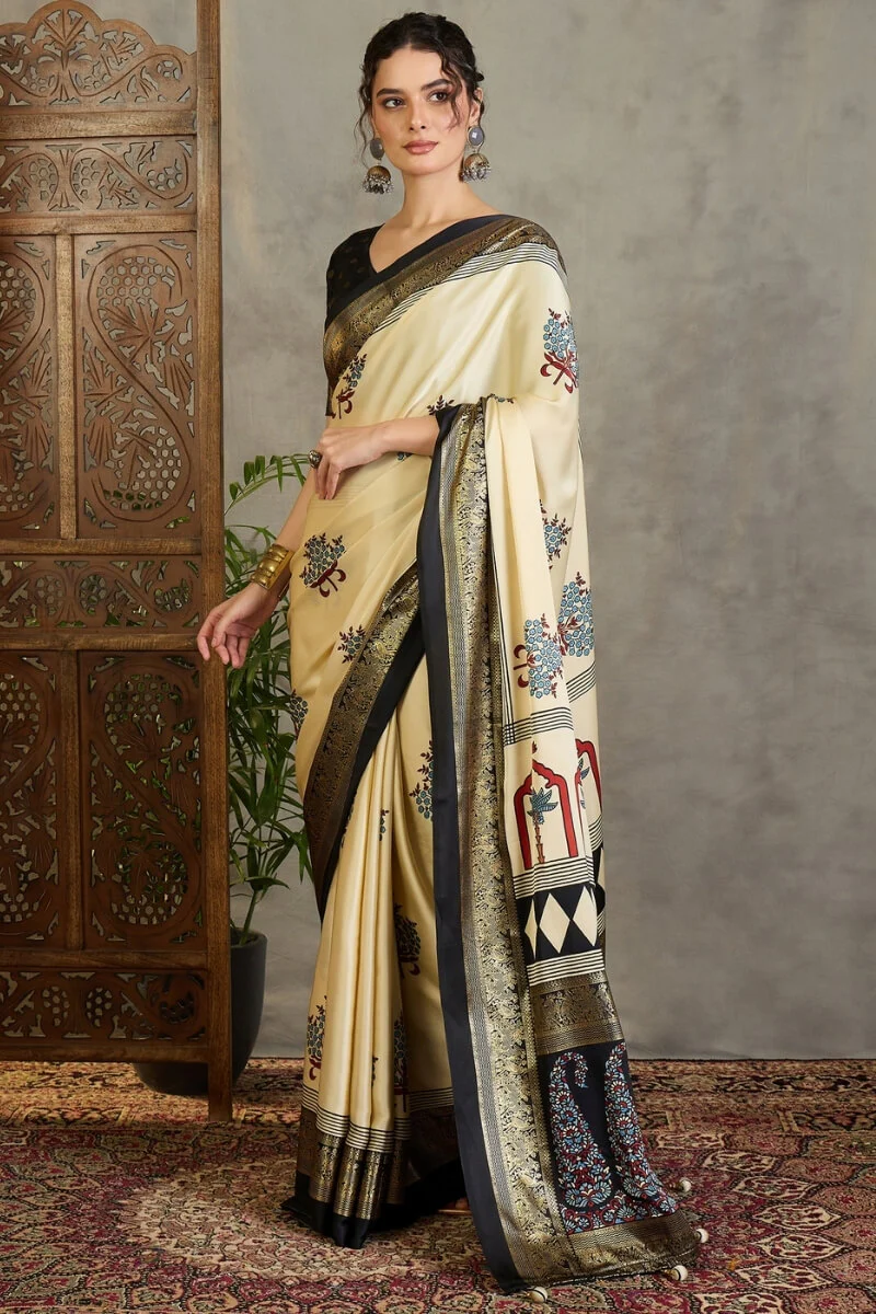 Pulsating Off White Ajrakh Printed Semi Modal Silk Saree With Forbearance Blouse Piece - Image 3