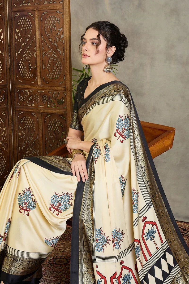 Pulsating Off White Ajrakh Printed Semi Modal Silk Saree With Forbearance Blouse Piece - Image 4