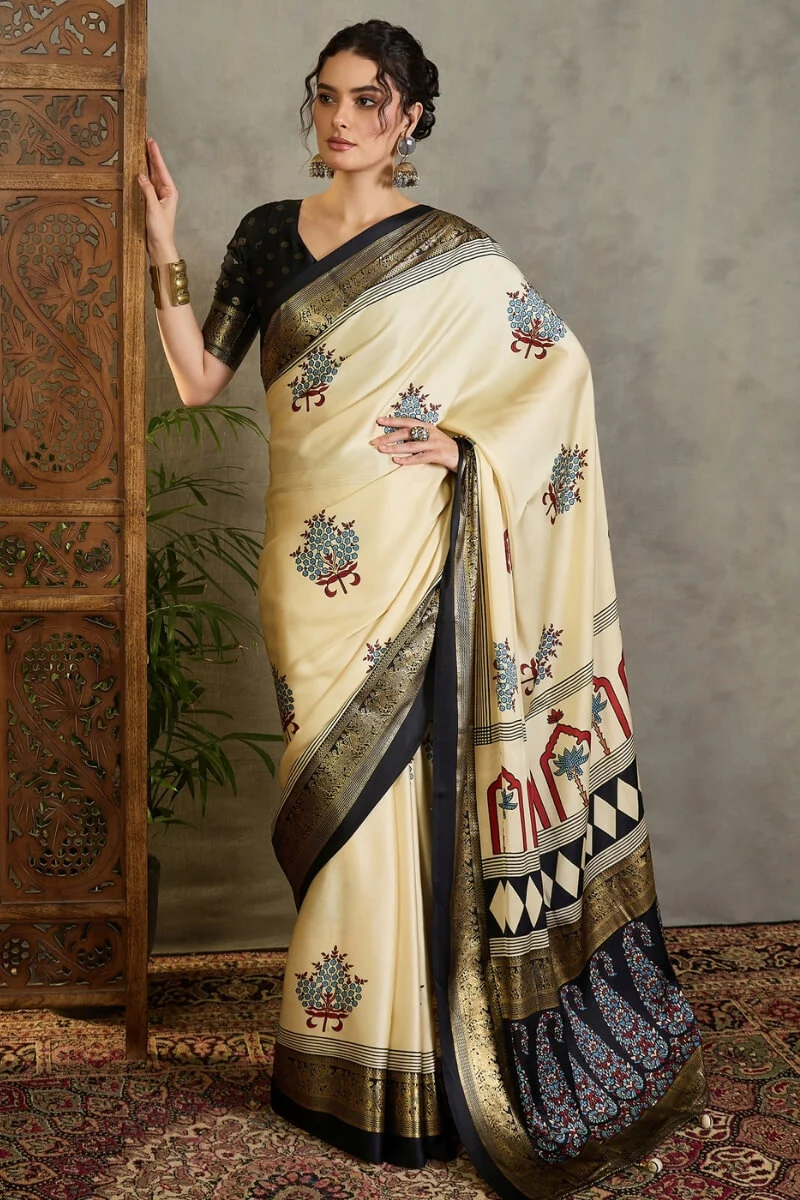 Pulsating Off White Ajrakh Printed Semi Modal Silk Saree With Forbearance Blouse Piece - Image 5