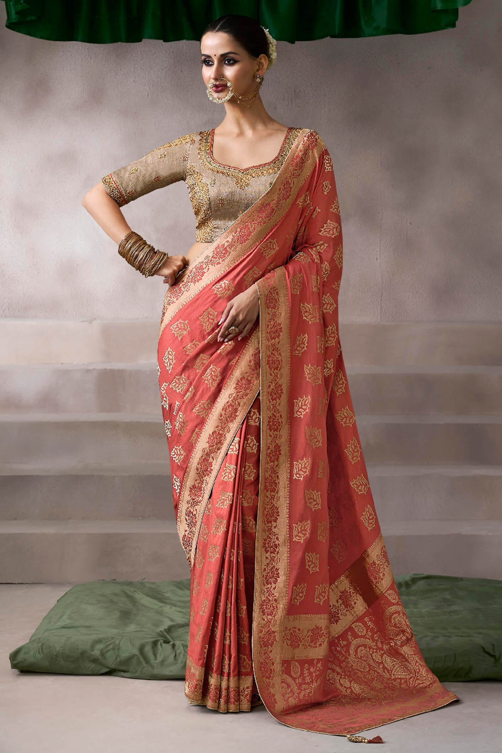 Pulsating Peach Banarasi Satin Silk Saree With Demure Blouse - Image 3