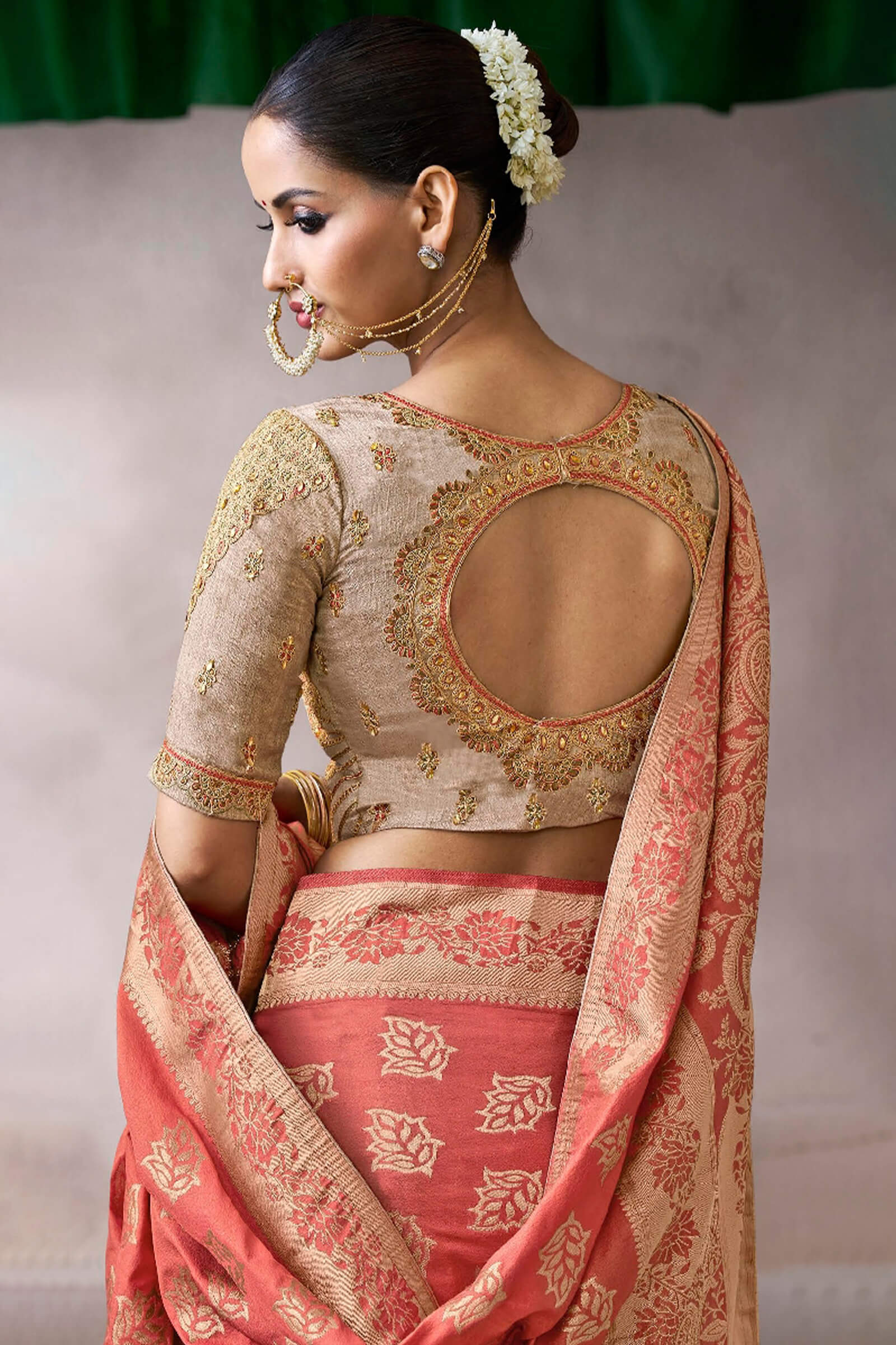 Pulsating Peach Banarasi Satin Silk Saree With Demure Blouse - Image 4