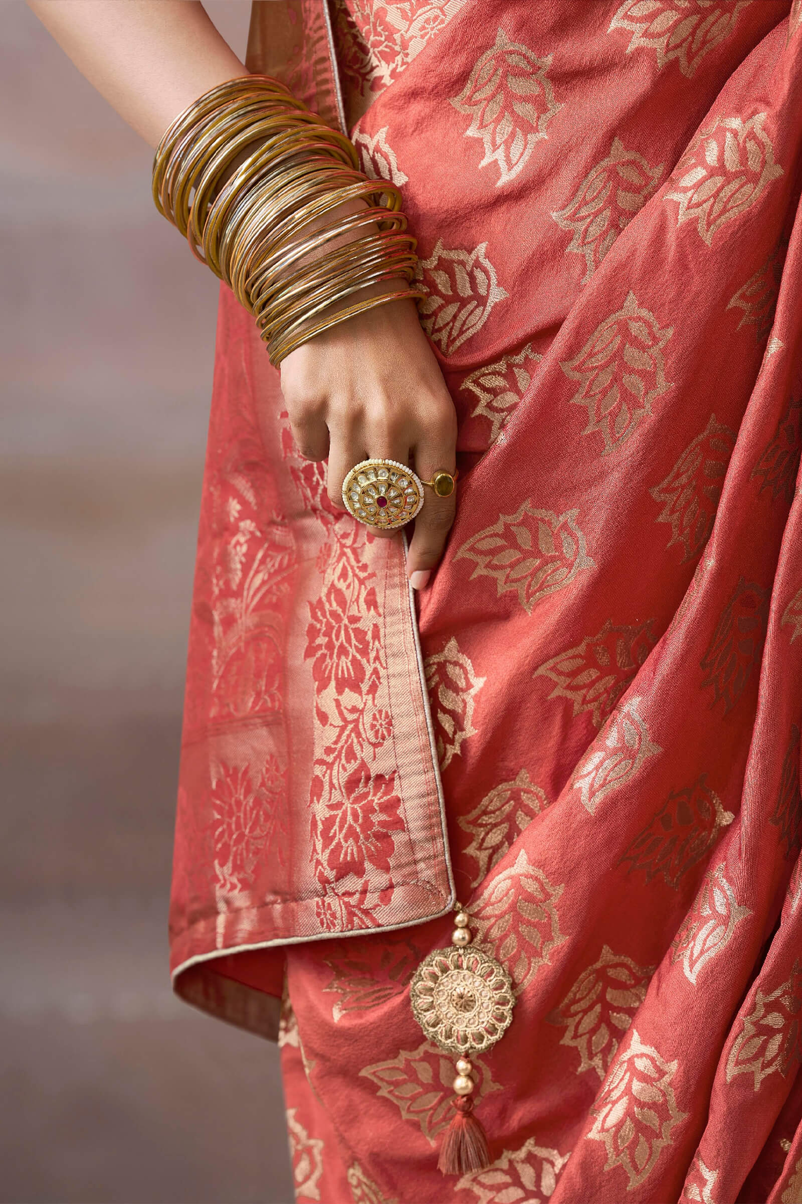 Pulsating Peach Banarasi Satin Silk Saree With Demure Blouse - Image 5