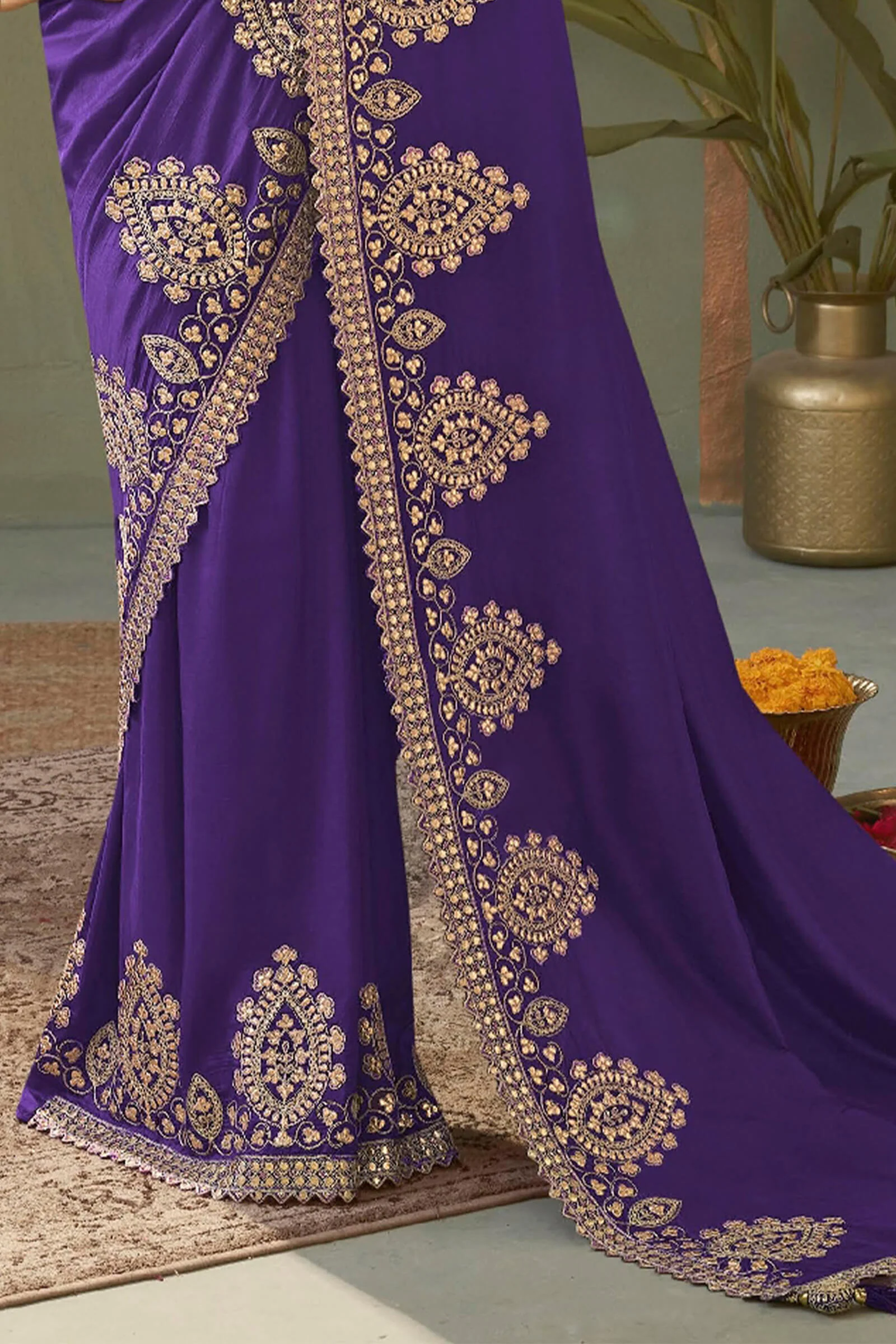 Pulsating Royal Purple Soft Silk Embroidery Work Saree With Staring Blouse Piece - Image 4