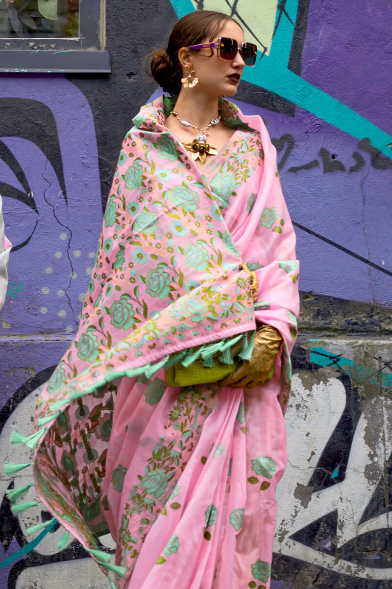 Quintessential Pink Parsi Handloom Woven Banarasi Silk Saree With Blouse Piece - Image 3