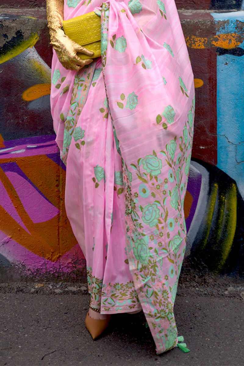 Quintessential Pink Parsi Handloom Woven Banarasi Silk Saree With Blouse Piece - Image 4