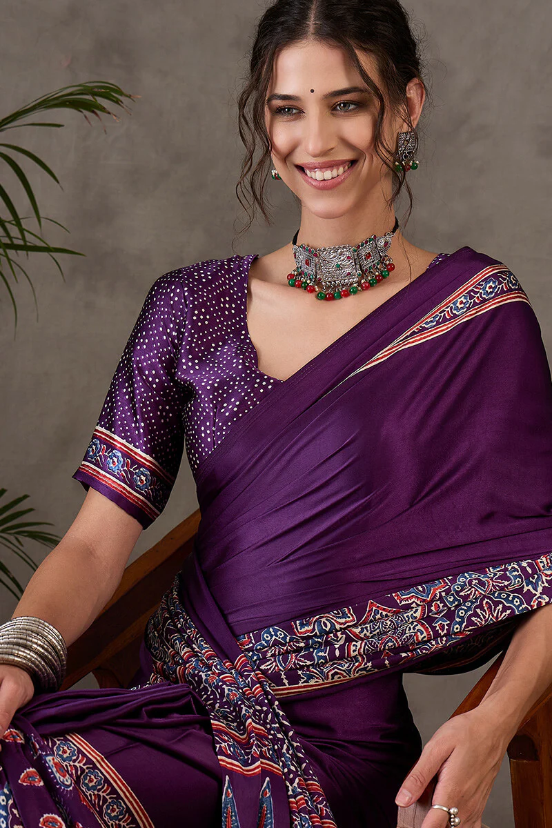 Quintessential Purple Ajrakh Printed Semi Modal Silk Saree With Blooming Blouse Piece - Image 2
