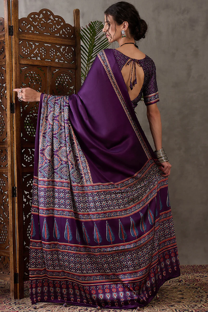 Quintessential Purple Ajrakh Printed Semi Modal Silk Saree With Blooming Blouse Piece - Image 7