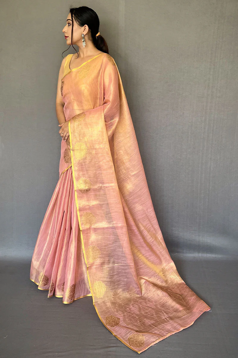 Quixotic Baby Pink Soft Banarasi Tissue Silk Saree With Embellished Blouse Piece - Image 3