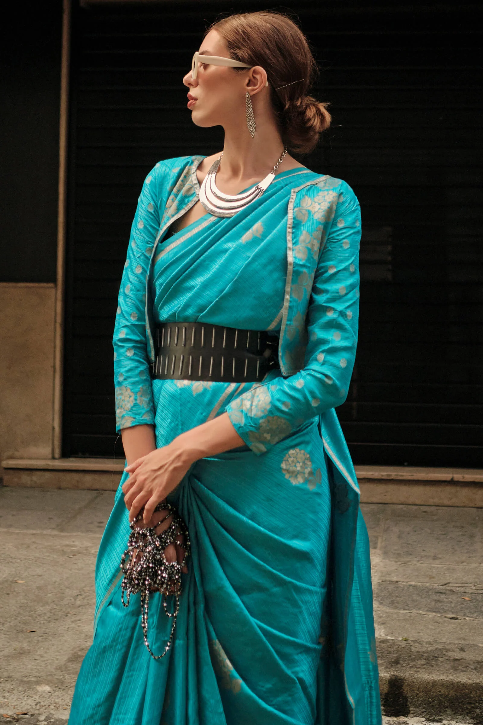 Quixotic Firozi Banarasi Satin Silk Saree With Artistic Blouse - Image 2