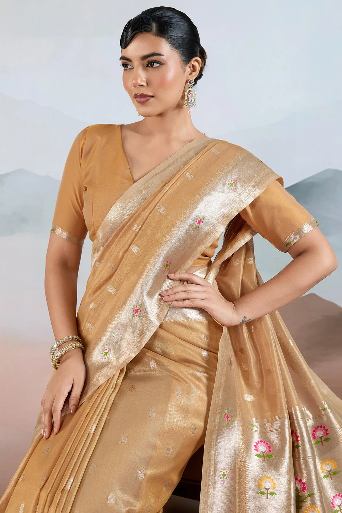 Quixotic Light Brown Paithani Pure Tissue Silk Saree With Elaborate Blouse Piece - Image 2