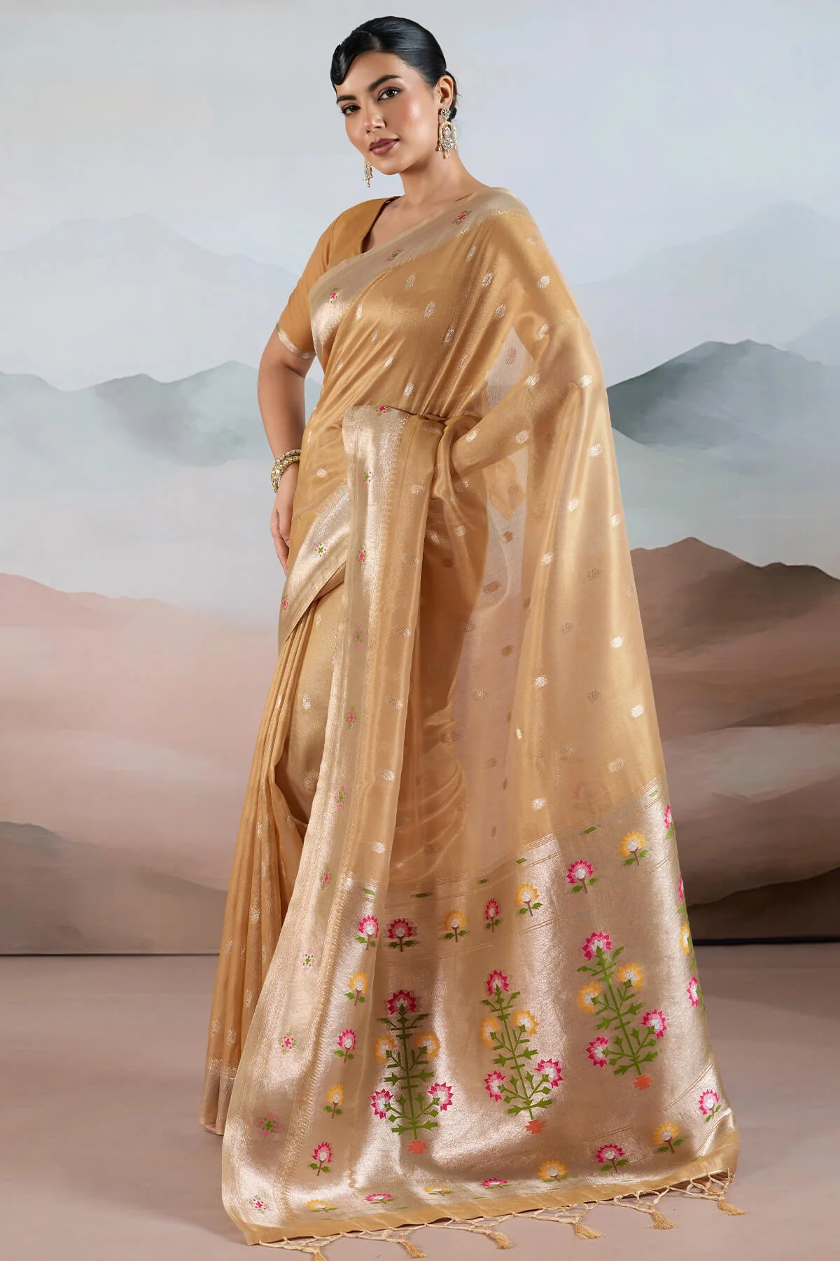 Quixotic Light Brown Paithani Pure Tissue Silk Saree With Elaborate Blouse Piece - Image 3