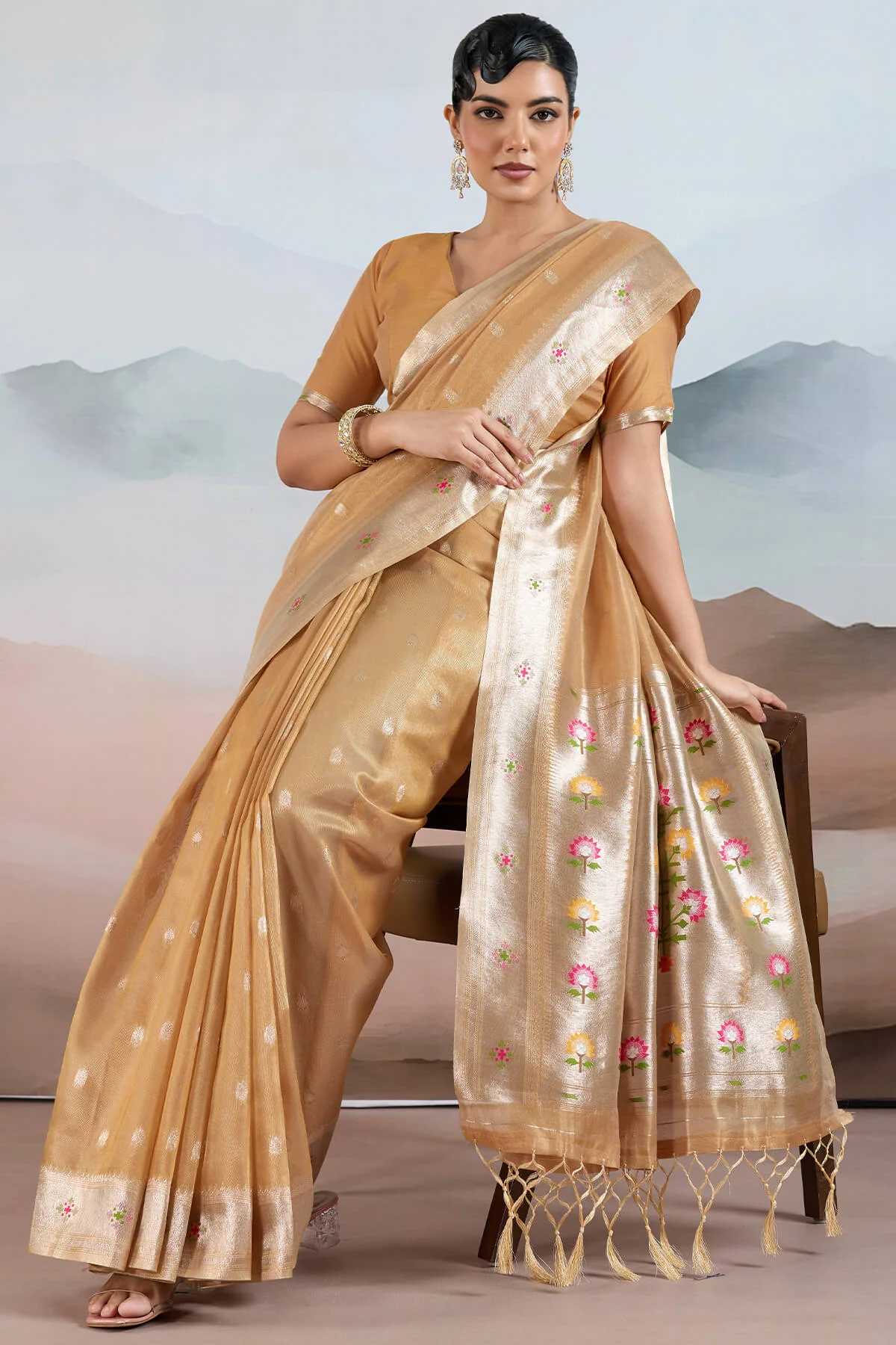 Quixotic Light Brown Paithani Pure Tissue Silk Saree With Elaborate Blouse Piece - Image 5