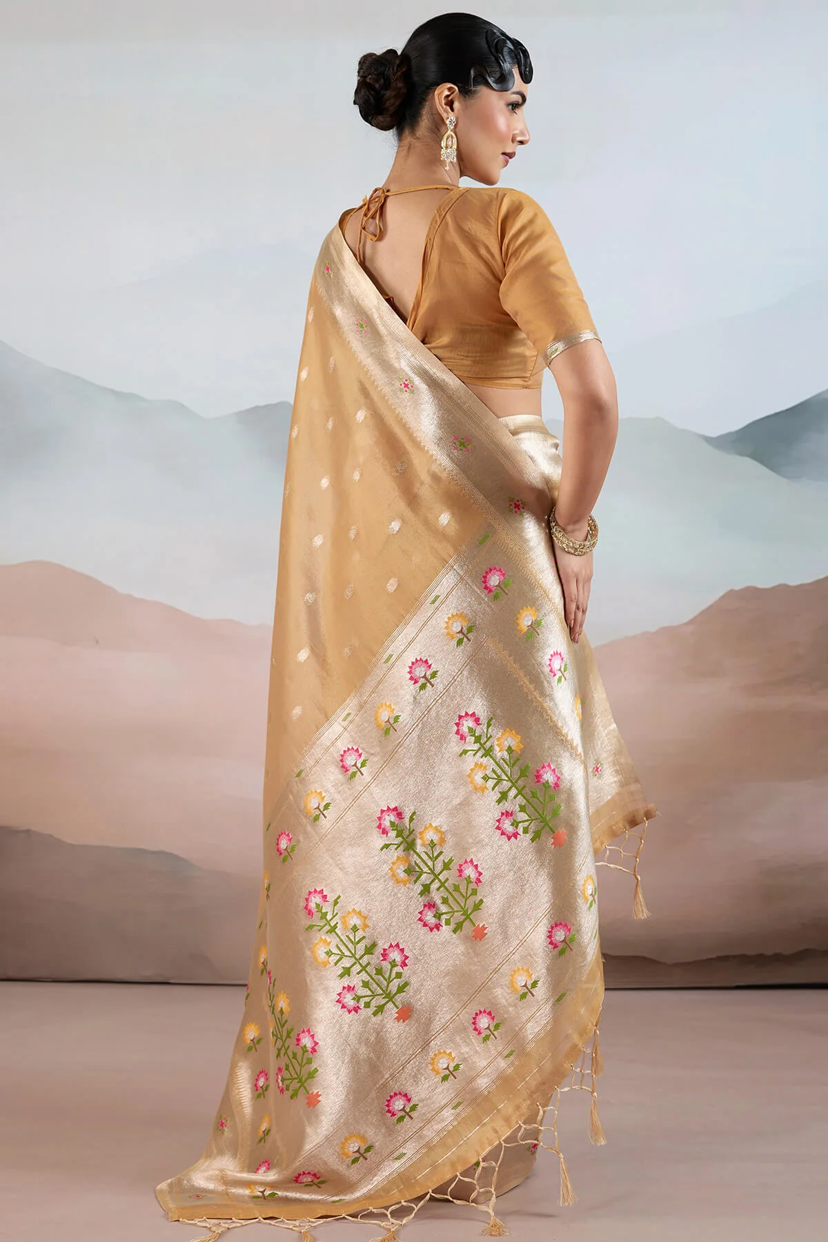 Quixotic Light Brown Paithani Pure Tissue Silk Saree With Elaborate Blouse Piece - Image 6