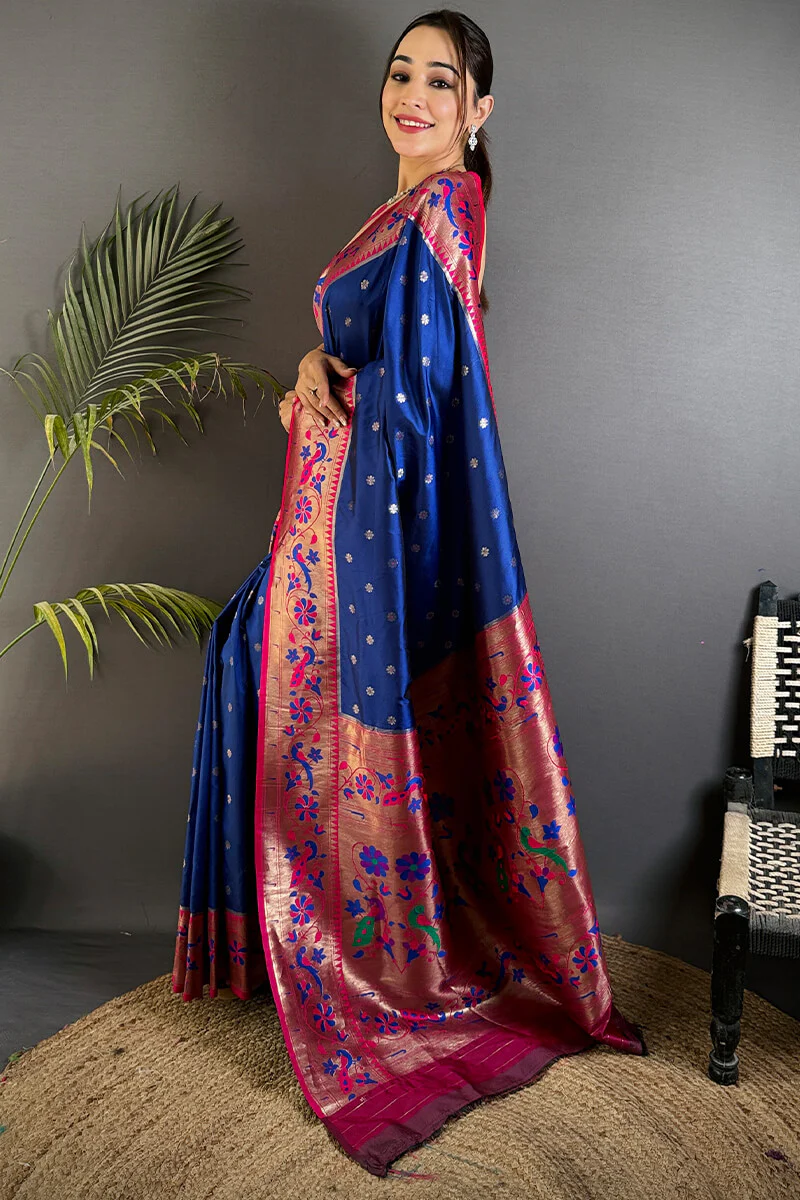 Quixotic Navy Blue Paithani Silk Saree With Pleasurable Blouse Piece - Image 3