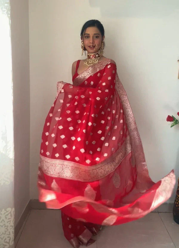 Radiant 1-Minute Ready To Wear Red Cotton Silk Saree - Image 3