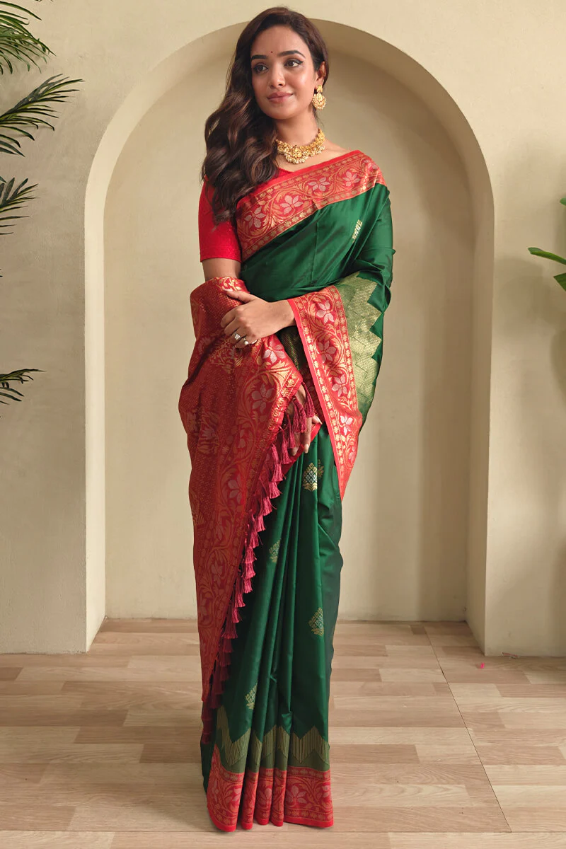 Radiant Dark Green Soft Banarasi Silk Saree With Hypnotic Blouse Piece