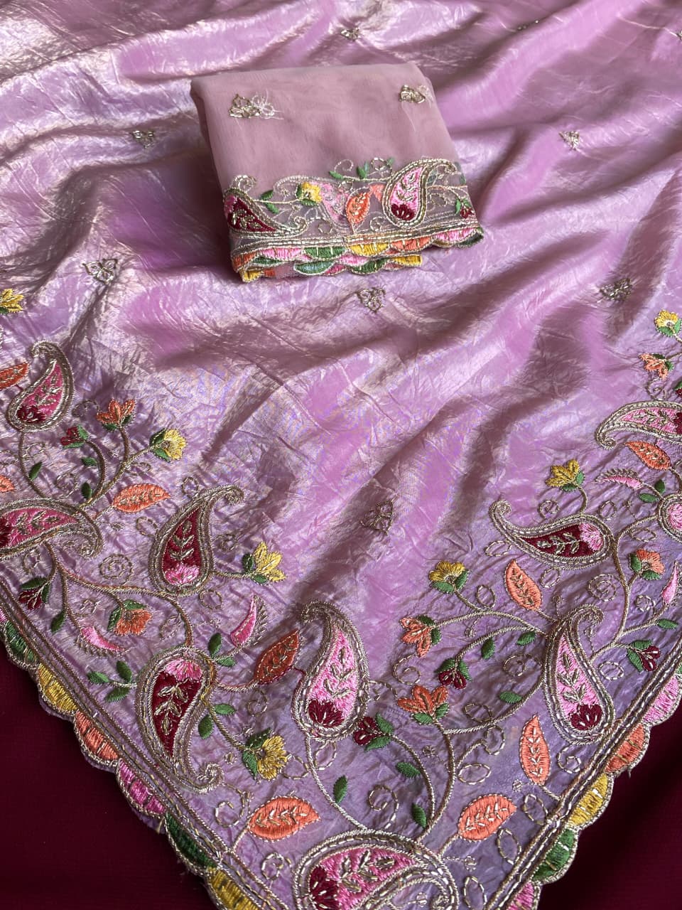 Radiant Lavender Embroidery Work Crush Silk Saree With Delightful Blouse Piece - Image 2