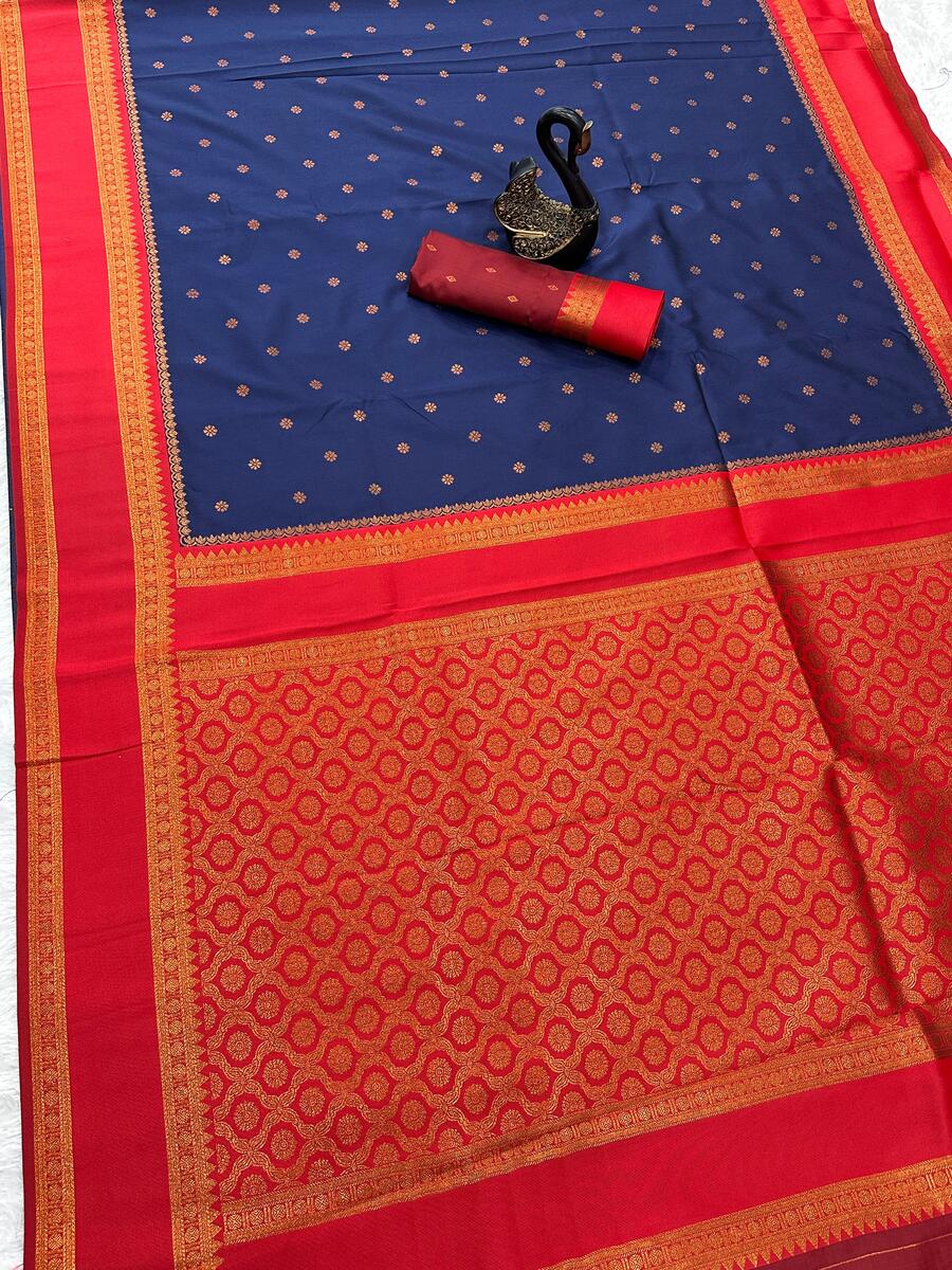 Radiant Navy Blue Soft Banarasi Silk Saree With Fugacious Blouse Piece - Image 2