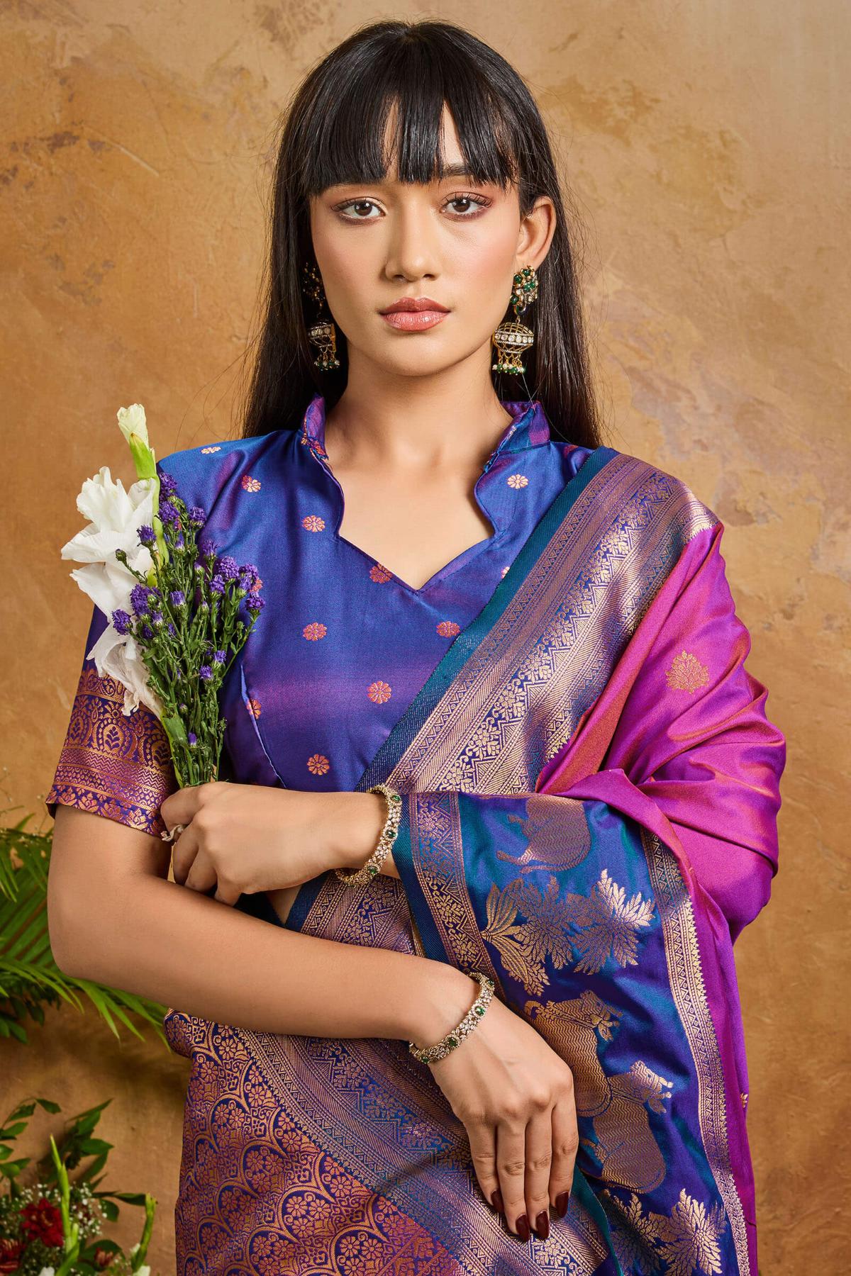 Radiant Purple Soft Banarasi Silk Saree With Lovely Blouse Piece - Image 2