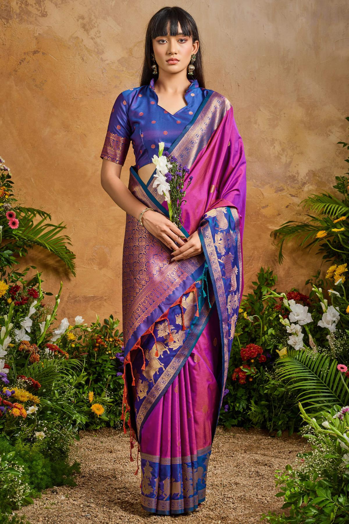 Radiant Purple Soft Banarasi Silk Saree With Lovely Blouse Piece - Image 3