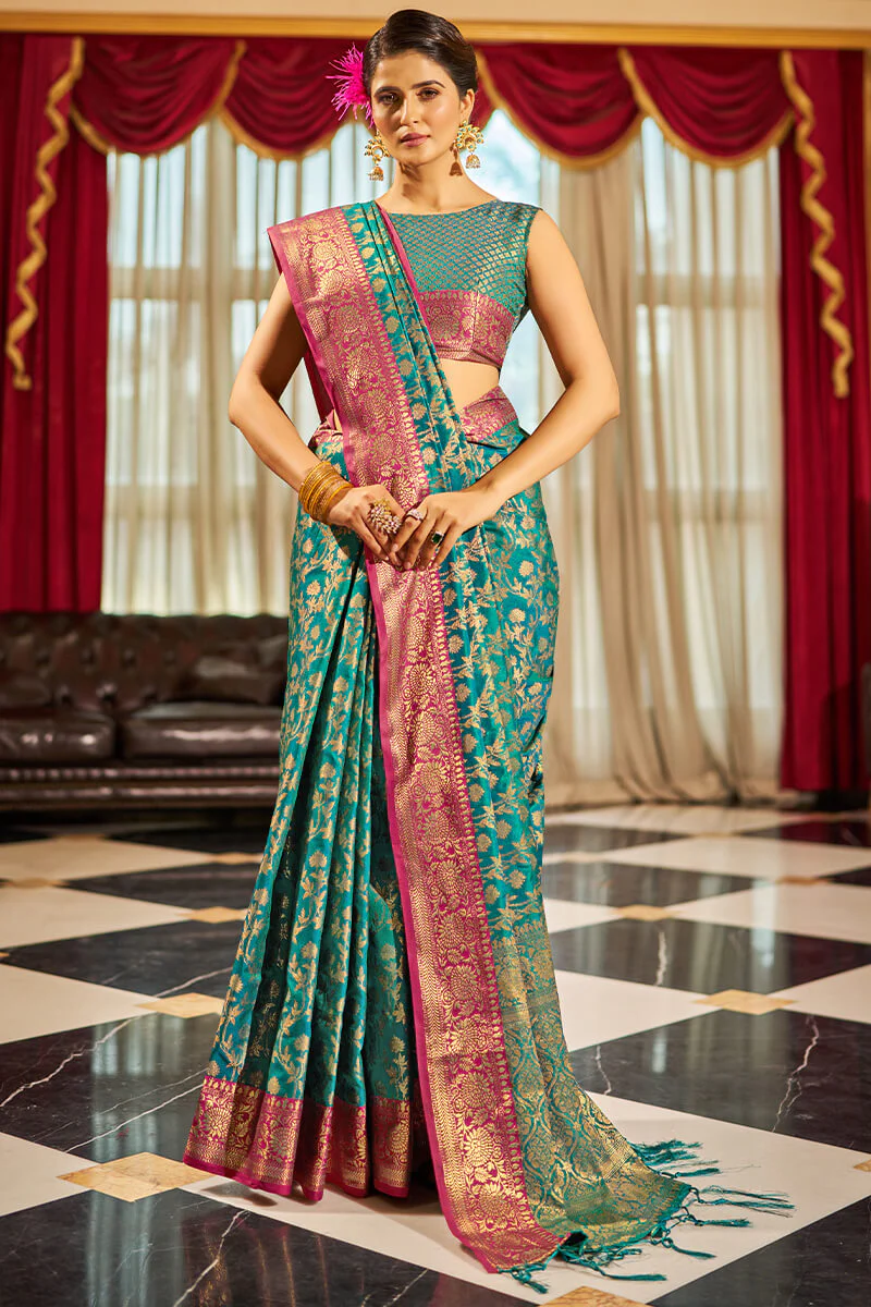 Radiant Rama Soft Banarasi Silk Saree With Beautiful Blouse Piece - Image 3