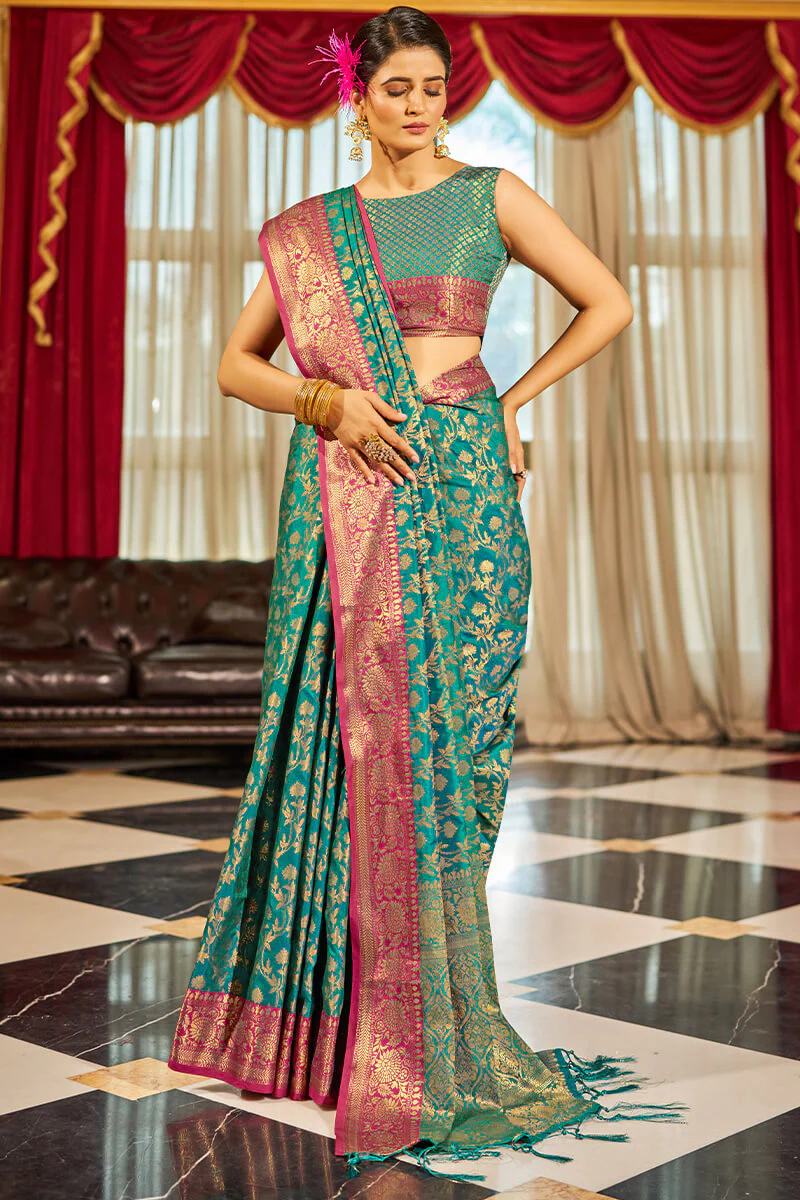 Radiant Rama Soft Banarasi Silk Saree With Beautiful Blouse Piece - Image 4