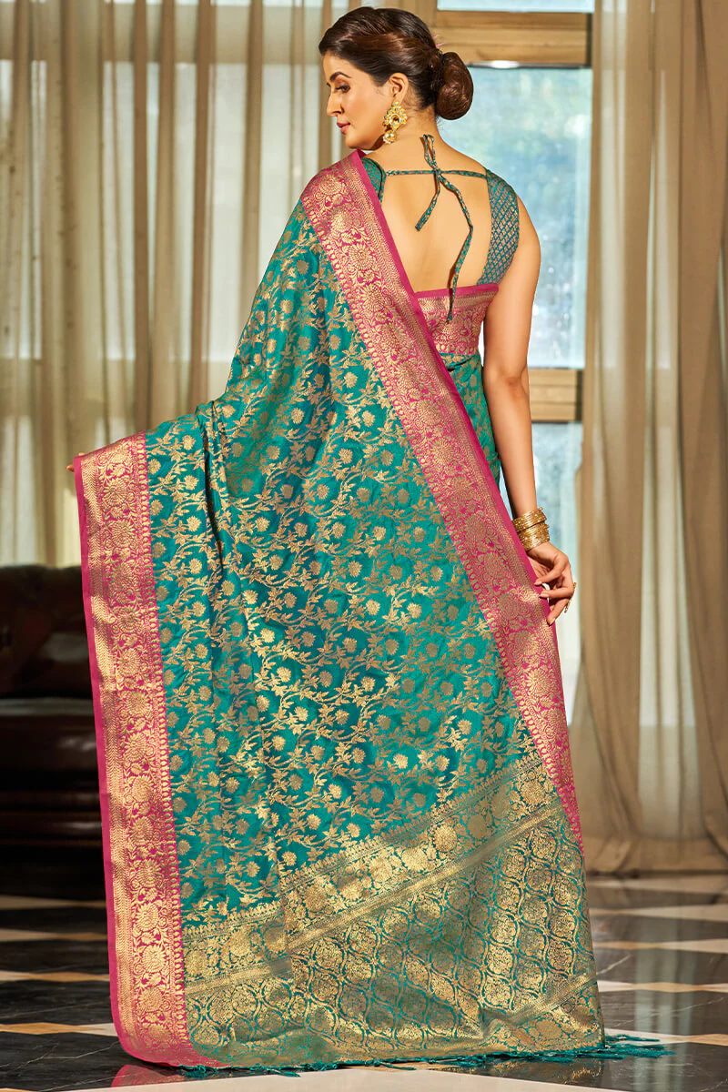 Radiant Rama Soft Banarasi Silk Saree With Beautiful Blouse Piece - Image 5