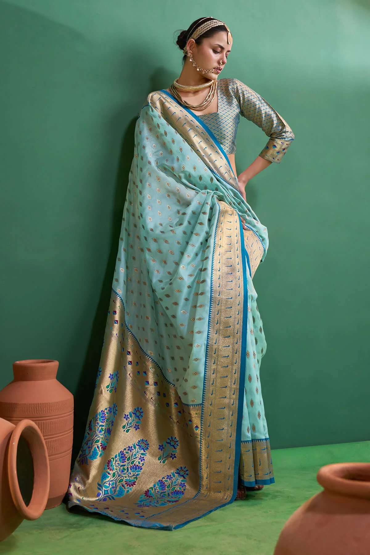 Radiant Sky Organza Paithani Silk Saree With Inspiring Blouse Piece - Image 3