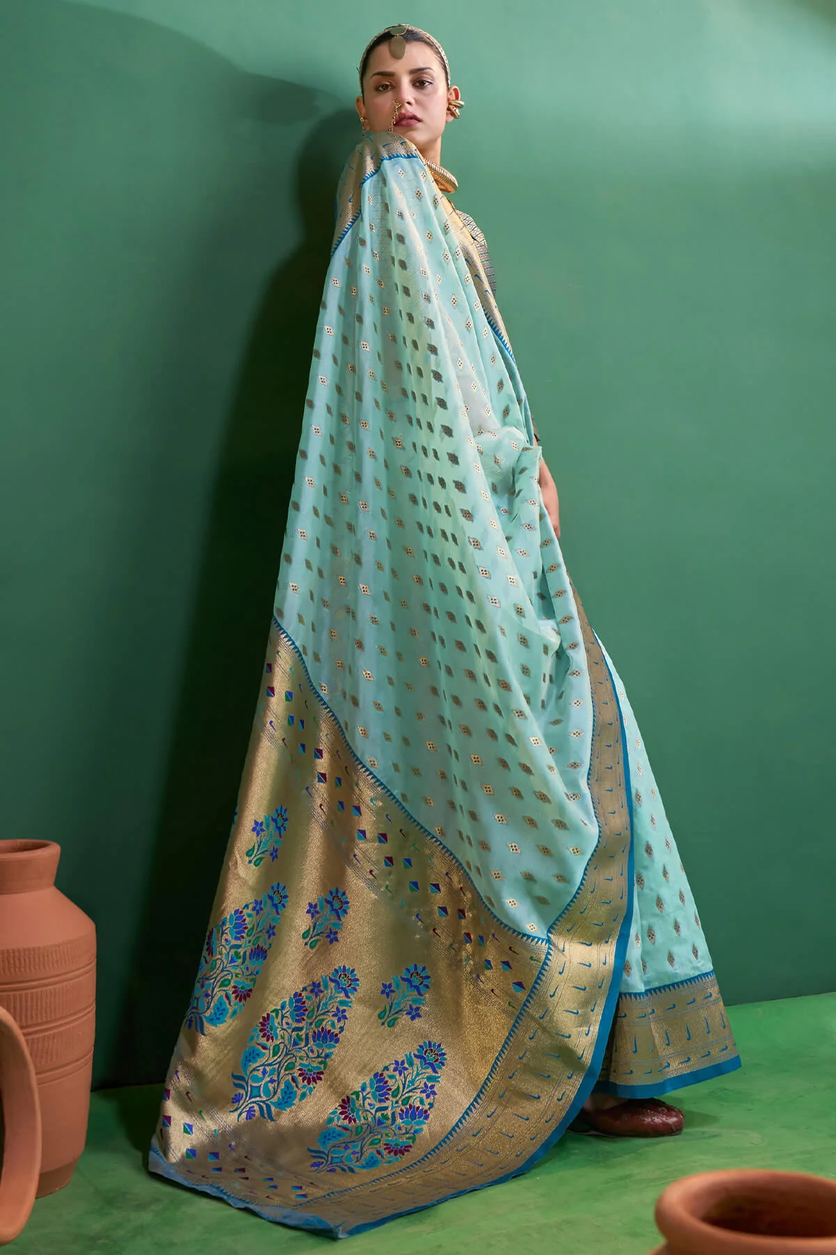 Radiant Sky Organza Paithani Silk Saree With Inspiring Blouse Piece - Image 5