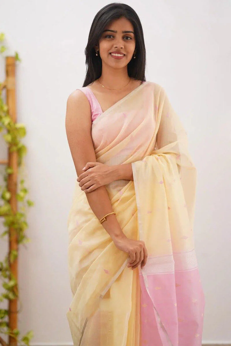 Radiant Yellow Cotton Silk Saree With Demanding Blouse Piece - Image 4