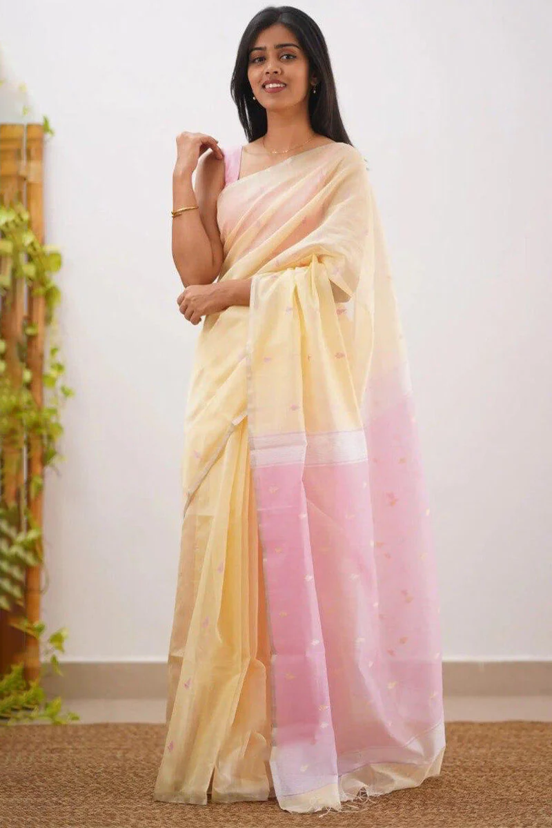 Radiant Yellow Cotton Silk Saree With Demanding Blouse Piece - Image 5