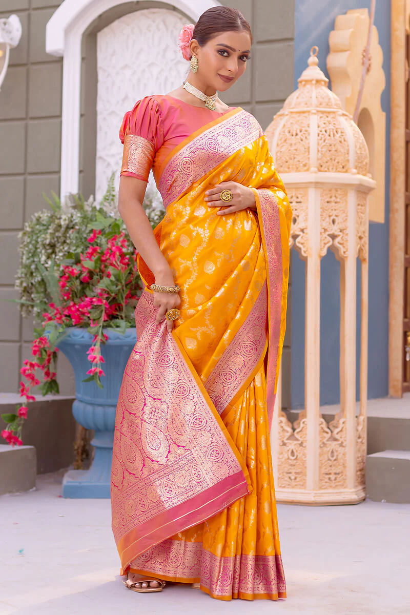Radiant Yellow Soft Banarasi Silk Saree With Delightful Blouse Piece - Image 3