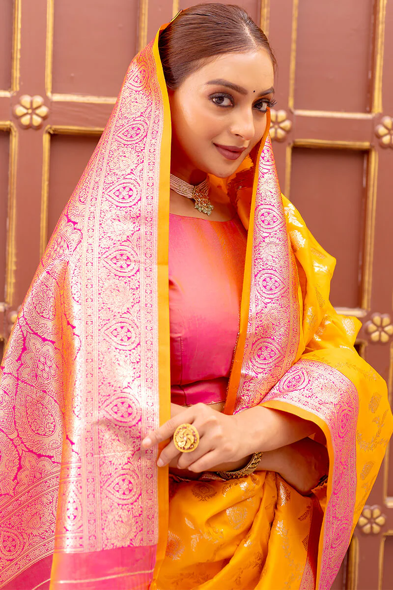 Radiant Yellow Soft Banarasi Silk Saree With Delightful Blouse Piece - Image 4