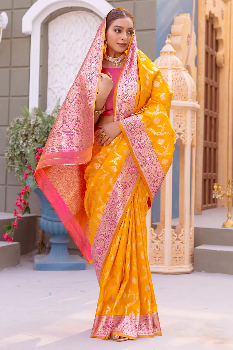 Radiant Yellow Soft Banarasi Silk Saree With Delightful Blouse Piece - Image 5