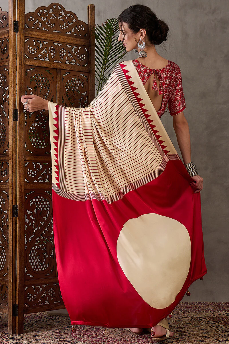 Ratatouille Beige Ajrakh Printed Semi Modal Silk Saree With Lissome Blouse Piece - Image 7