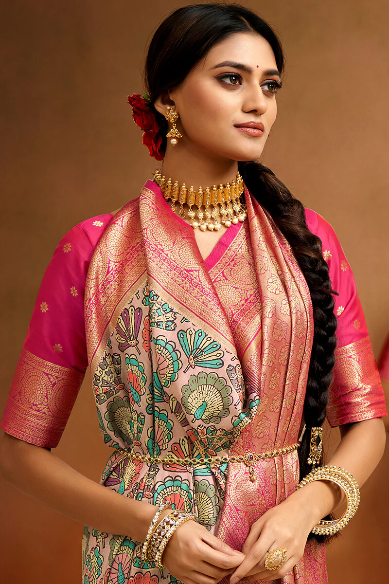 Ratatouille Beige Kalamkari Printed Saree With Rhapsodic Blouse Piece - Image 3