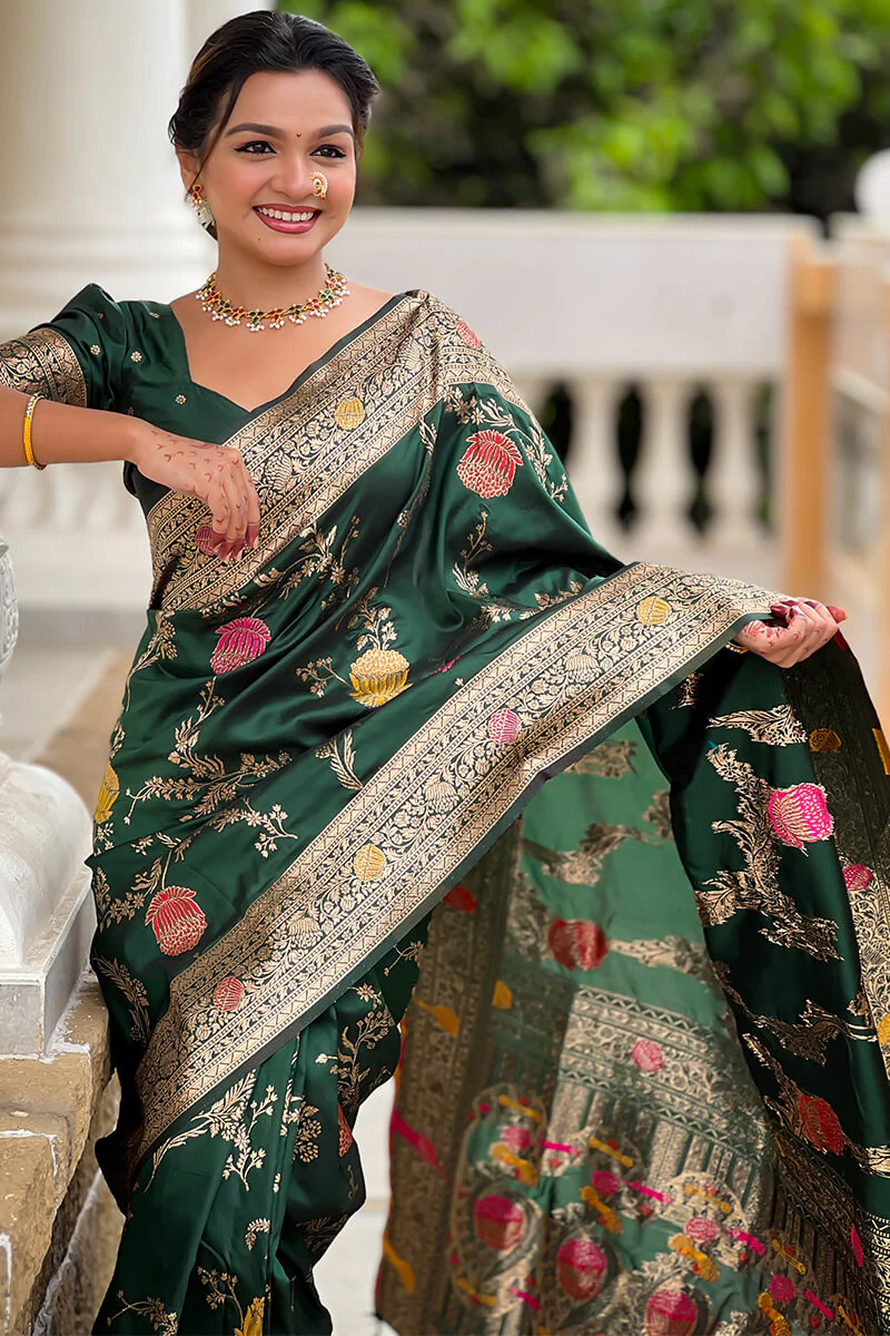 Ratatouille Dark Green Soft Banarasi Silk Saree With Embrocation Blouse Piece - Image 6