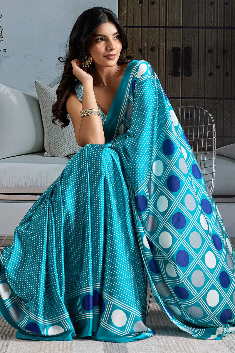 Ratatouille Firozi Ajrakh Printed Satin Silk Saree With Allure Blouse Piece - Image 5