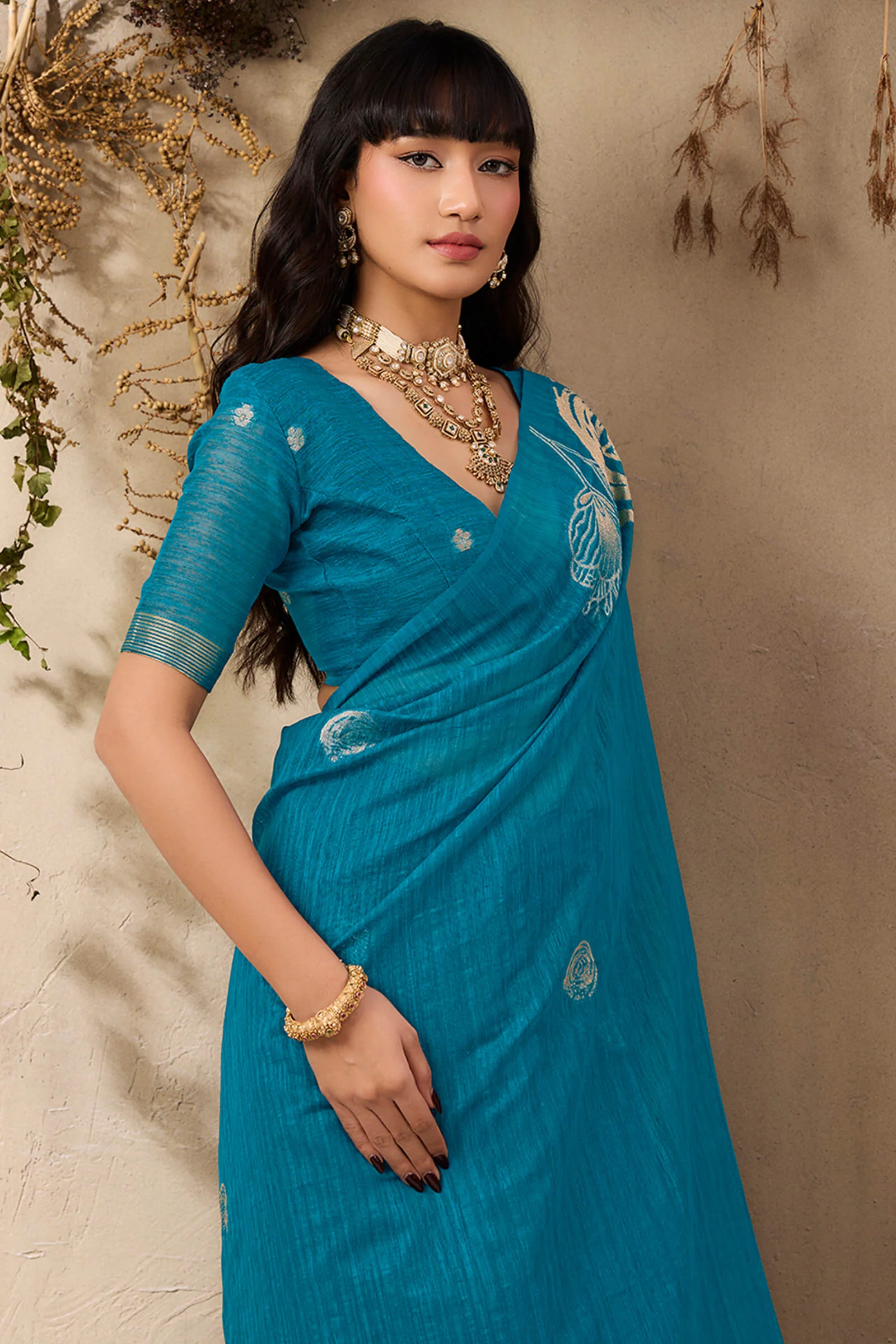 Ratatouille Firozi Cotton Silk Saree With Phenomenal Blouse Piece - Image 2