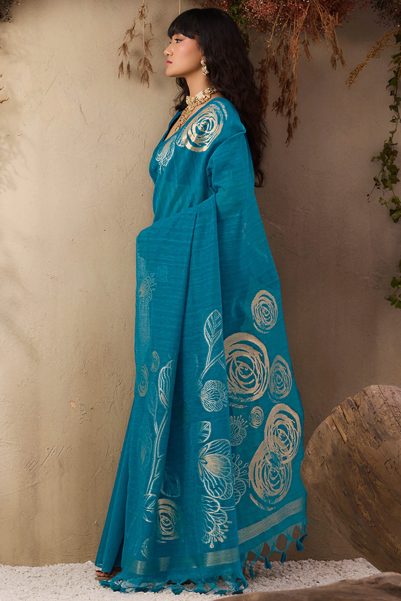 Ratatouille Firozi Cotton Silk Saree With Phenomenal Blouse Piece - Image 3