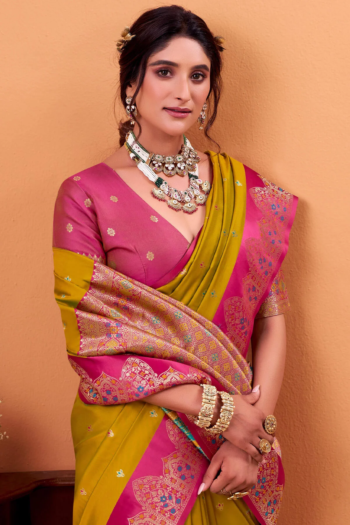 Ratatouille Mustard Banarasi Satin Silk Saree With Forbearance Blouse - Image 2