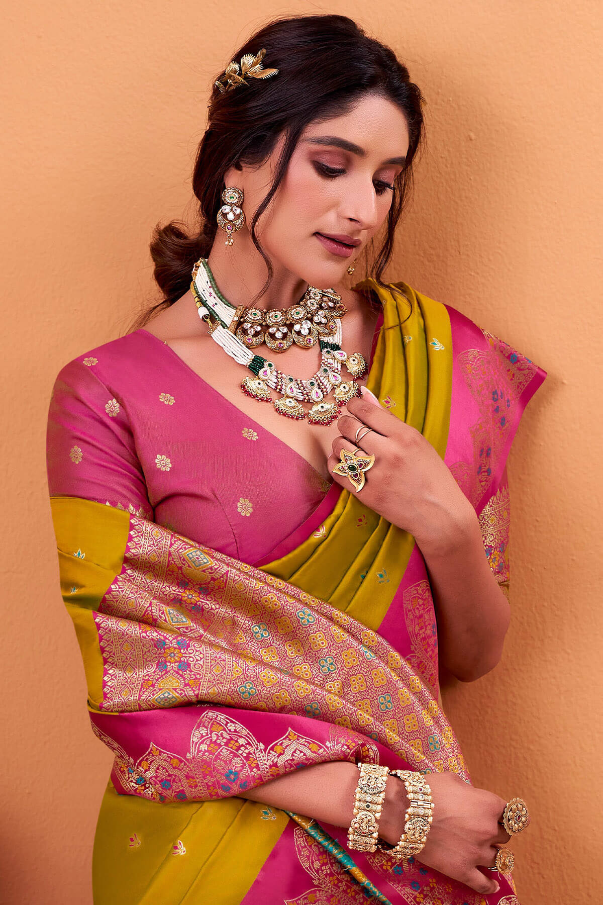 Ratatouille Mustard Banarasi Satin Silk Saree With Forbearance Blouse - Image 3