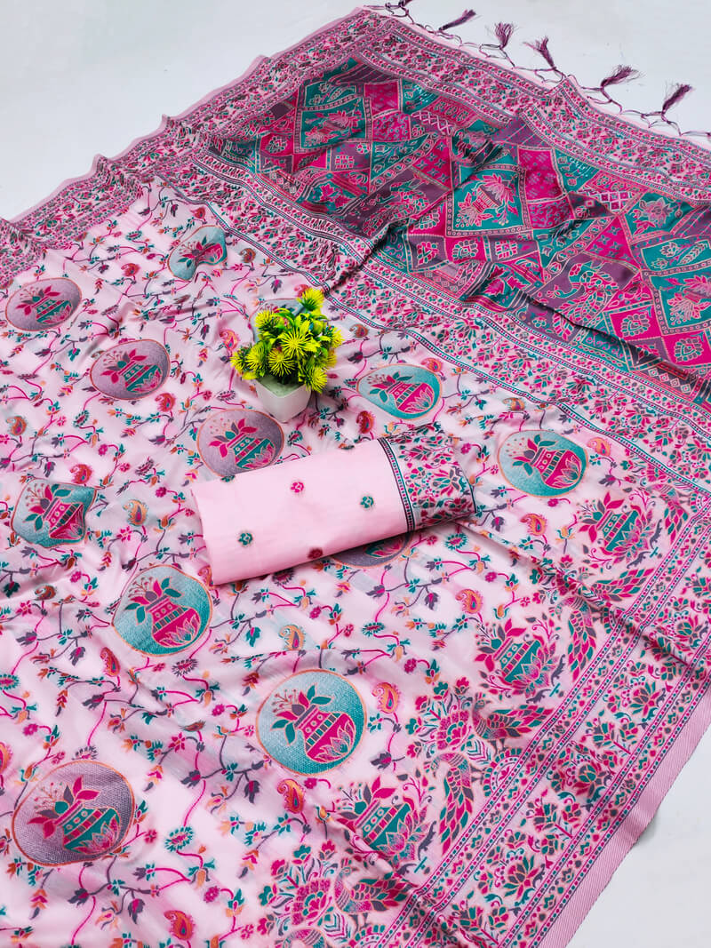 Ratatouille Pink Pashmina Saree With Tempting Blouse Piece - Image 3