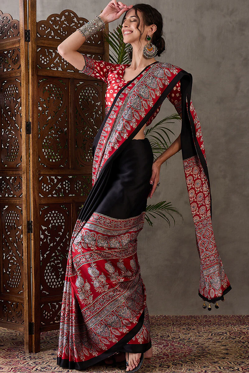 Ravishing Black Ajrakh Printed Semi Modal Silk Saree With Excellent Blouse Piece - Image 3