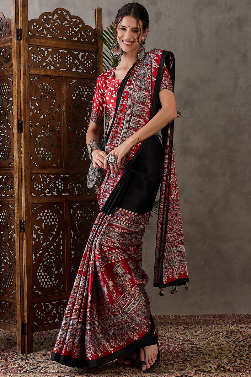 Ravishing Black Ajrakh Printed Semi Modal Silk Saree With Excellent Blouse Piece - Image 5